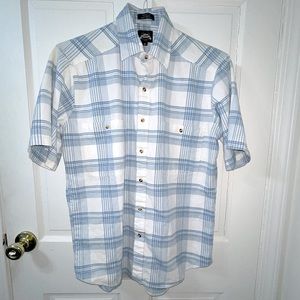 Vintage Lee Mens White/Blue Plaid Short Sleeve Button Up Shirt Size Medium